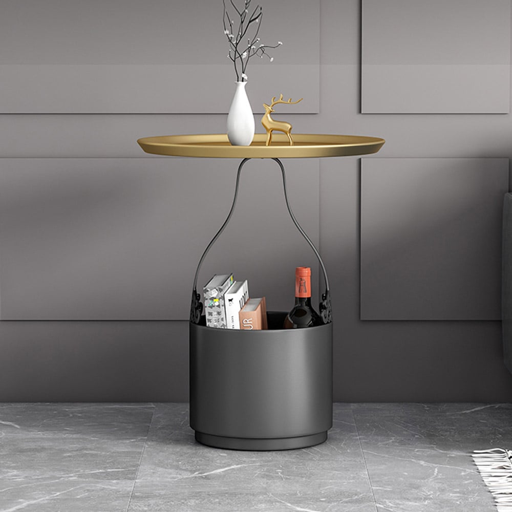 Modern Round End Table with Storage in Metal Side Table in Black window image