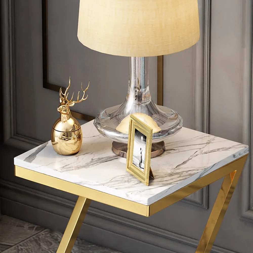 White Modern Z-Shaped End Table Marble Top Metal window image