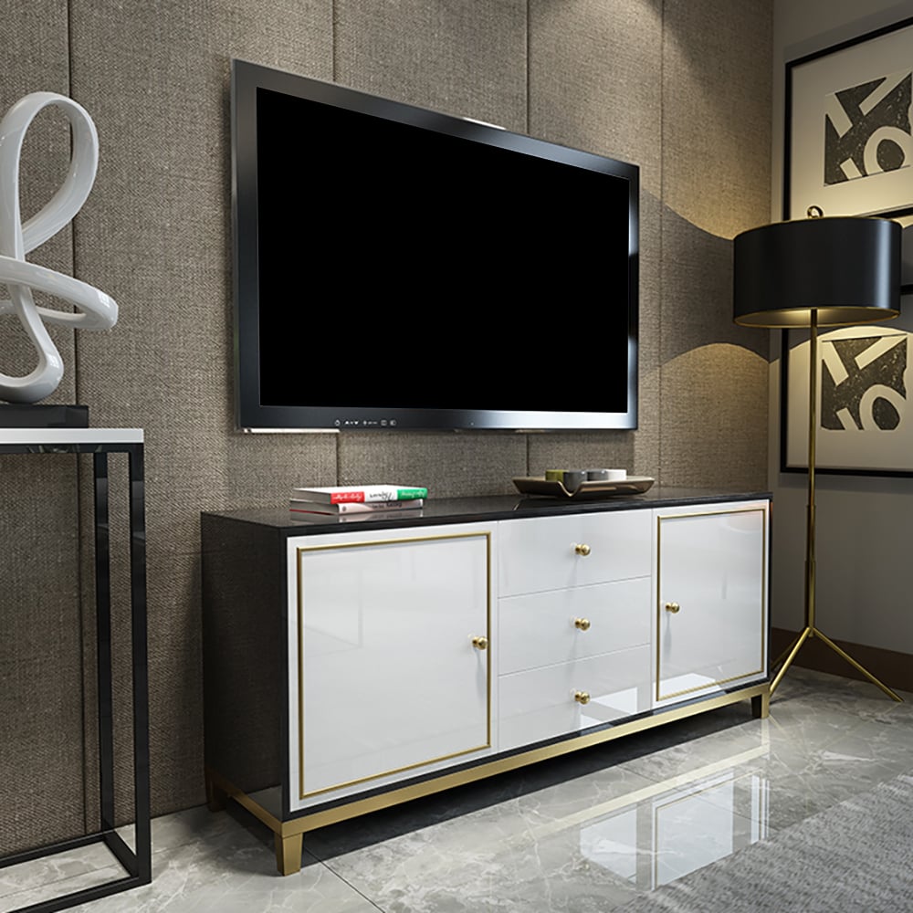 47" White & Black Sideboard Postmodern Tempered Glass Top Buffet with Doors & Drawers window image