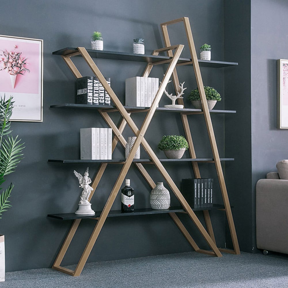 Modern Abstract Etagere Wooden Bookshelf in Black & Gold window image