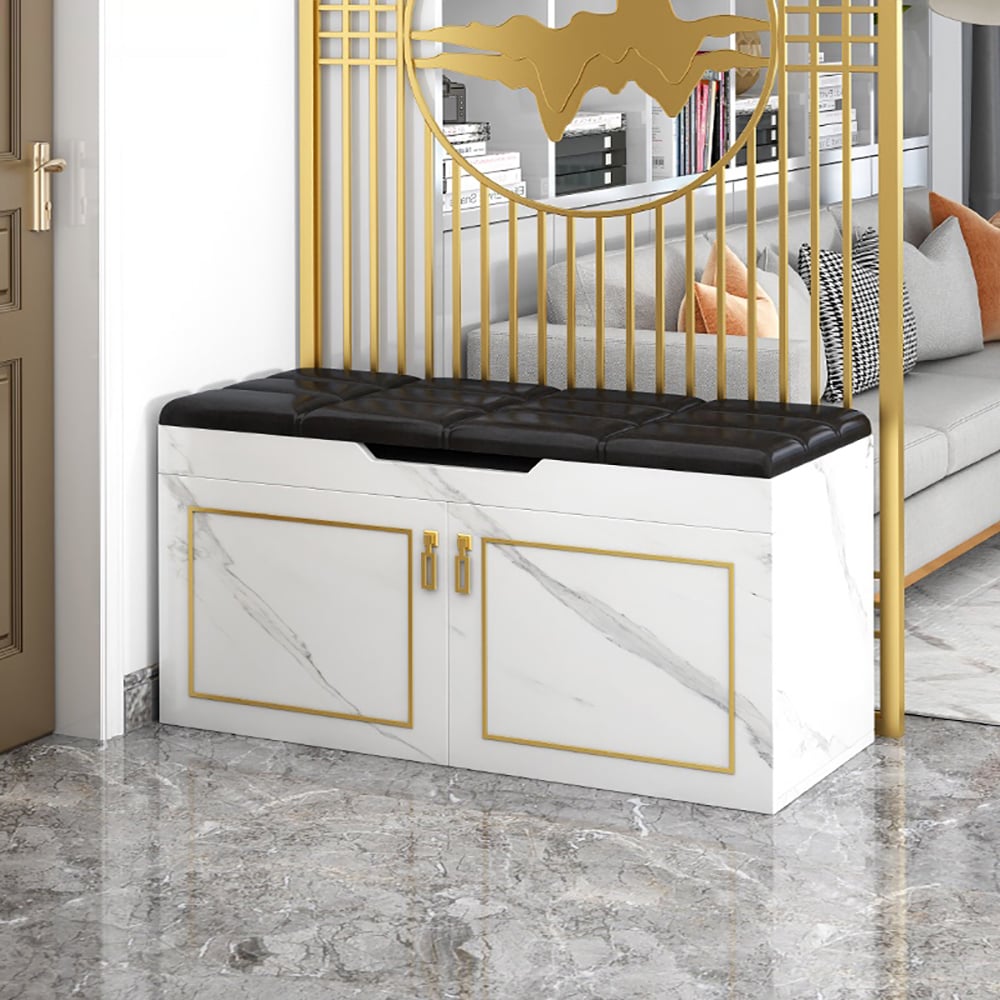 Modern Entryway Bench Shoe Storage PVC Leather Upholstered Bench window image