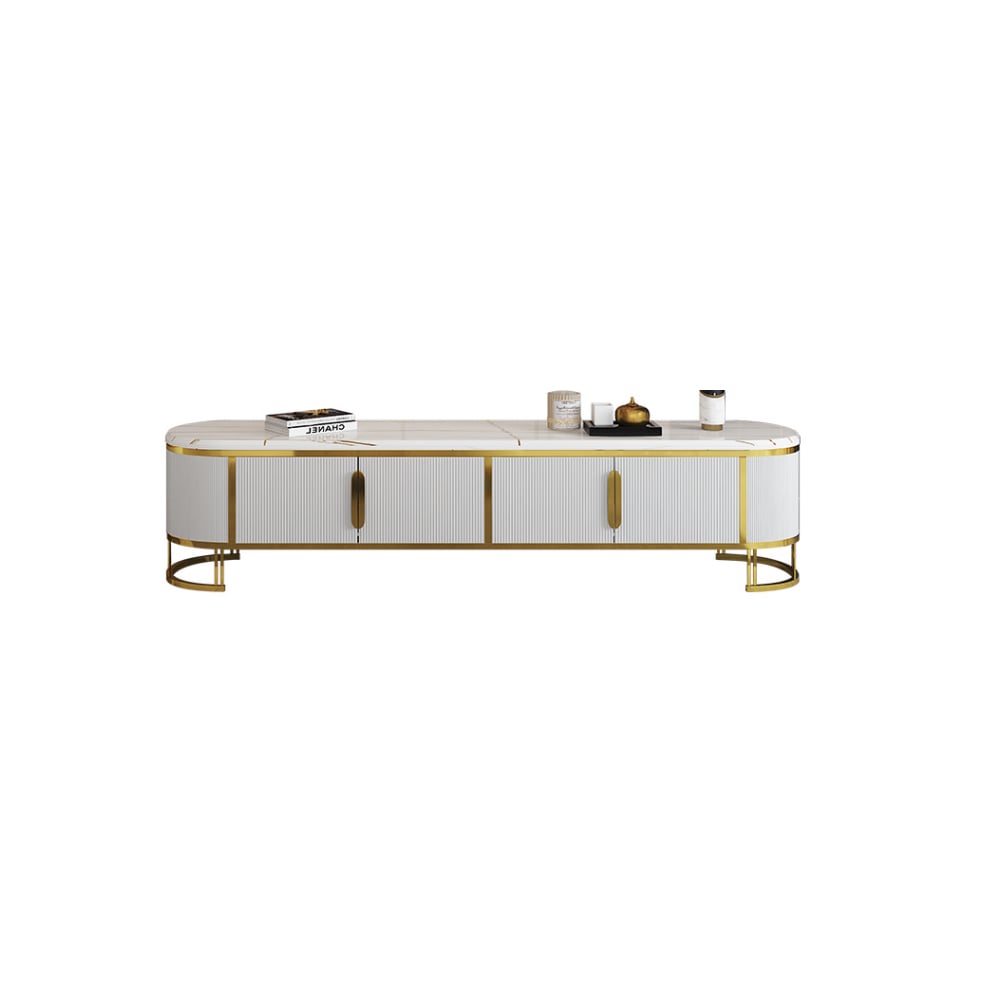 Modern White TV Stand Faux Marble Top 4-Door 2-Shelf Media Console Gold Finish in Small window image