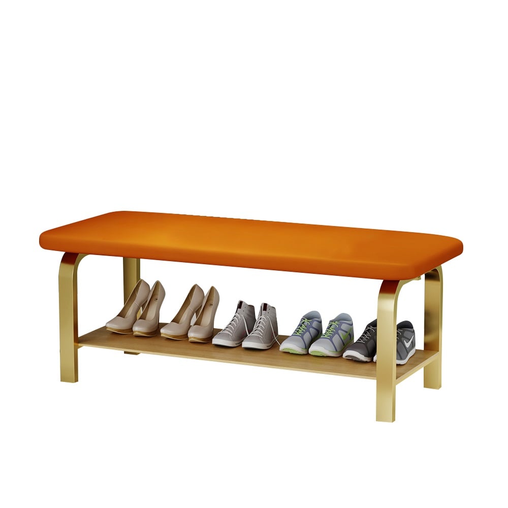 Modern Leather Upholstered Entryway Bench with Shoe Rack window image