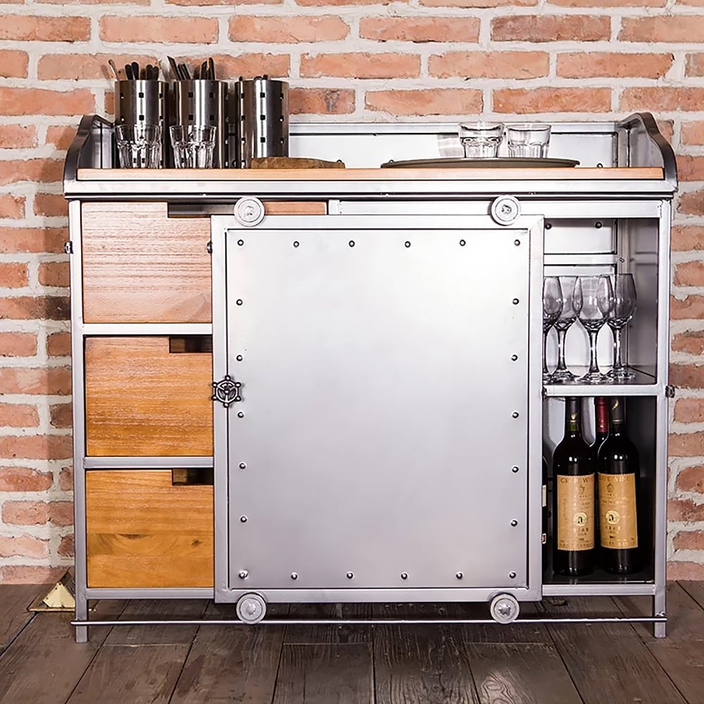 1000mm Pinewood Sideboard 3 Drawer Buffet Storage Cabinet with Barn Door Metal window image