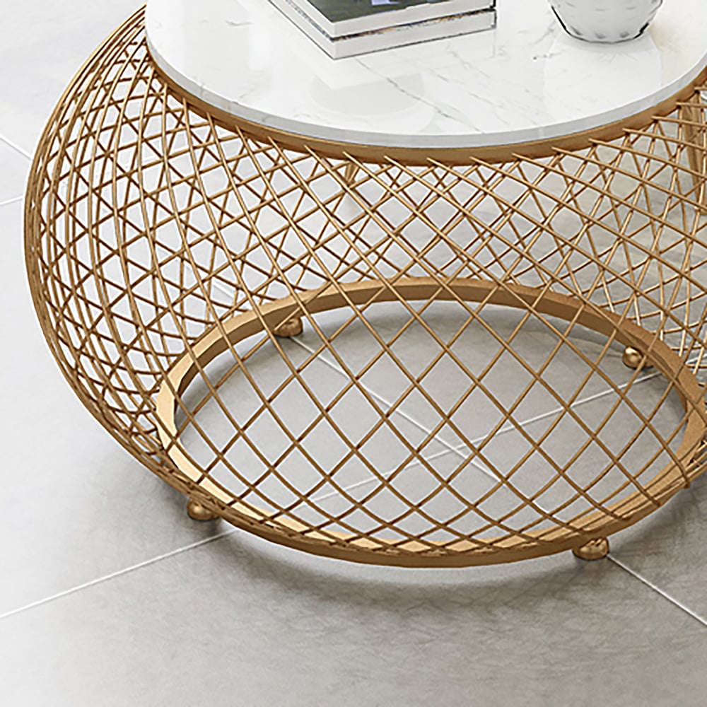 Modern White Round Coffee Table with Marble Top & Metal Base window image