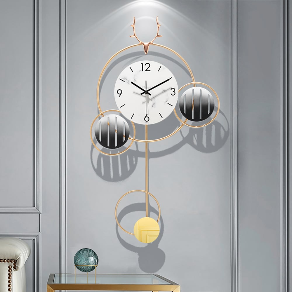 Style B Modern Simple Geometric Round Metal Wall Clock with Golden Pendulum window image