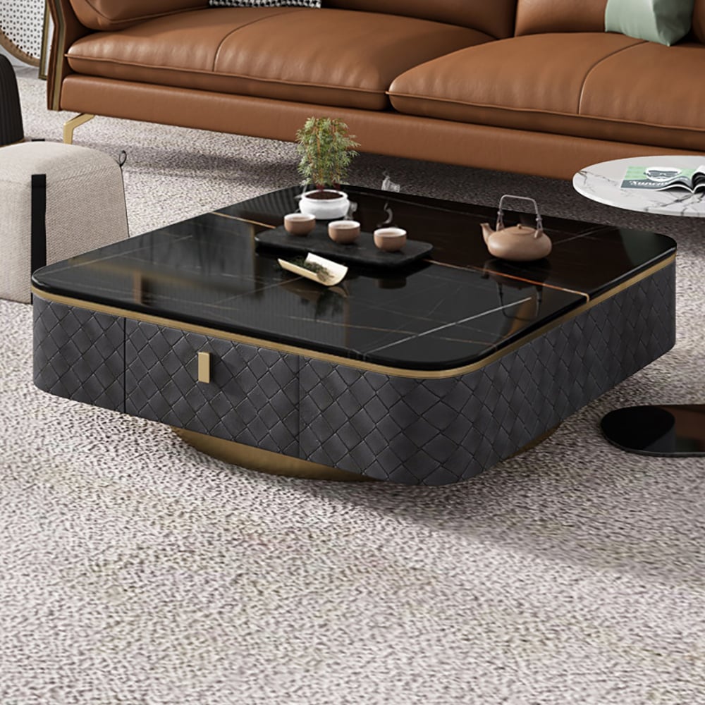 Moderne vierkante salontafel met opbergruimte met gesinterd stenen blad en metalen onderstel Vensterafbeelding