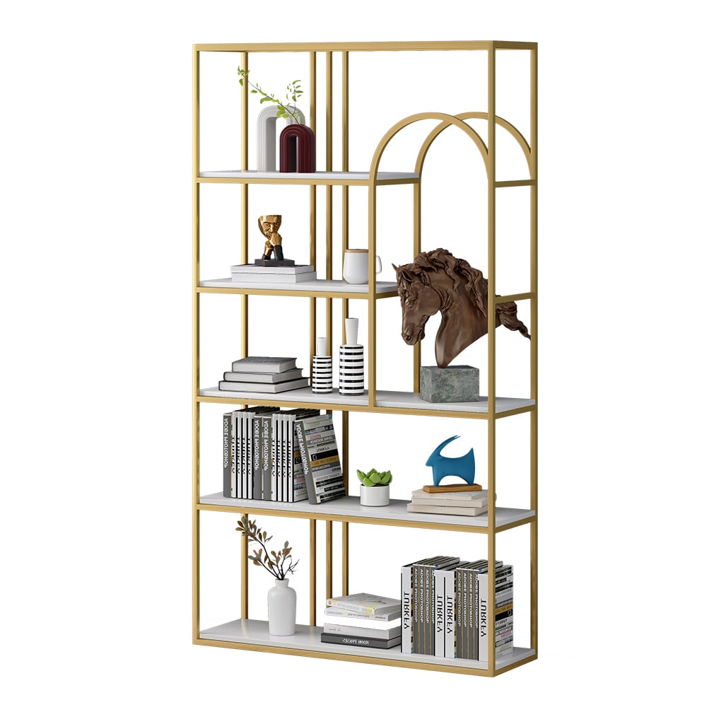 1800mm Rectangle 5-Tiered Freestanding Etagere Bookshelf in Gold & White window image