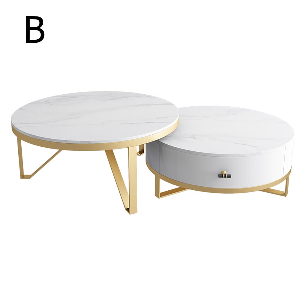 Ensemble de 2 tables basses rondes Style B avec tiroir, dessus en pierre frittée et base en métal image de fenêtre