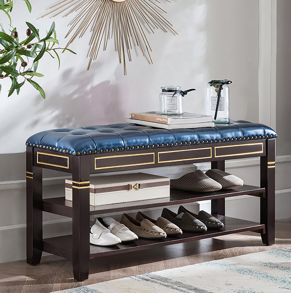 39.4'' Blue Modern Storage Bench Shoe Rack with Faux Leather Upholstered Seat window image