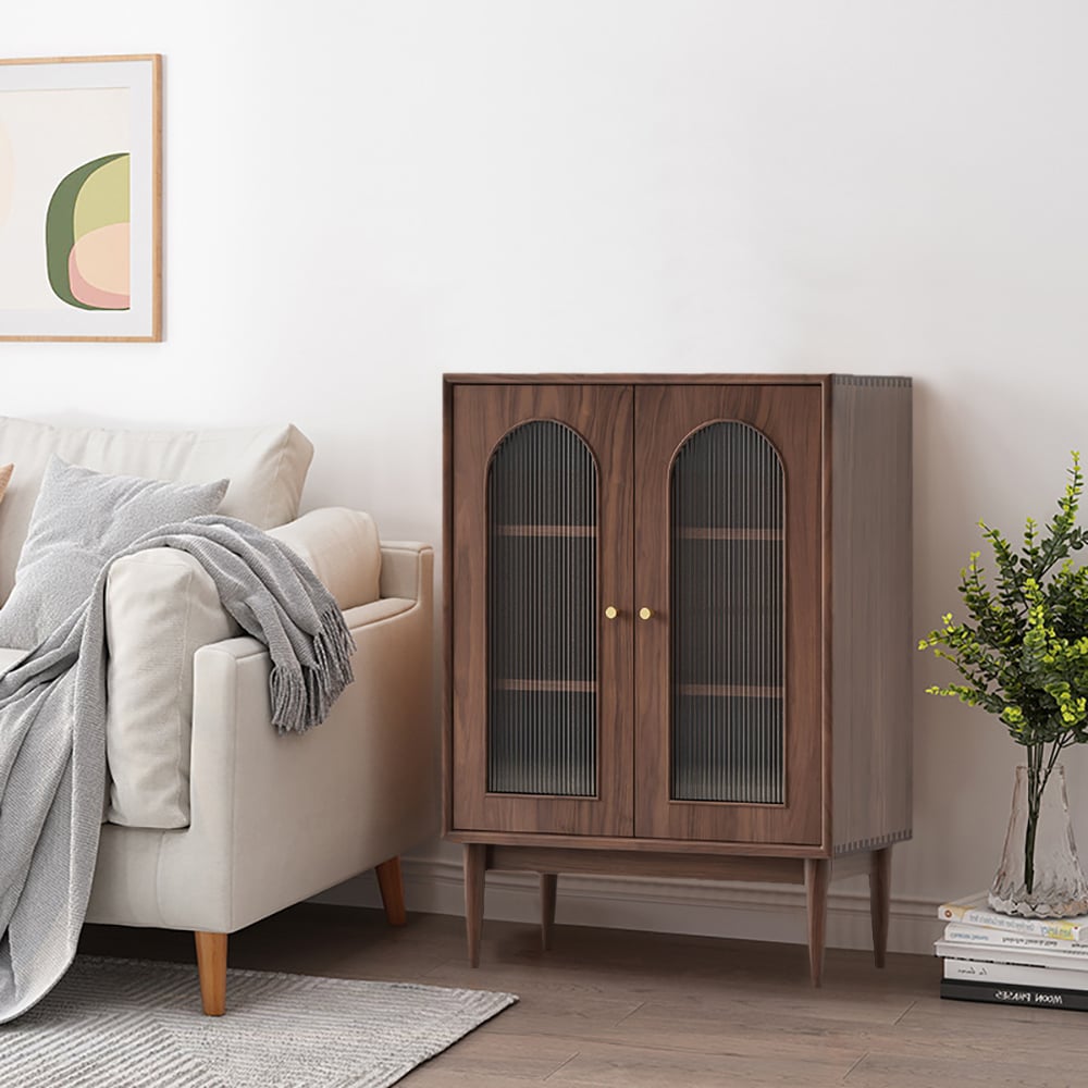 Nordic Walnut Cabinet 2-Shelf Bookcase with 2 Glass Doors window image