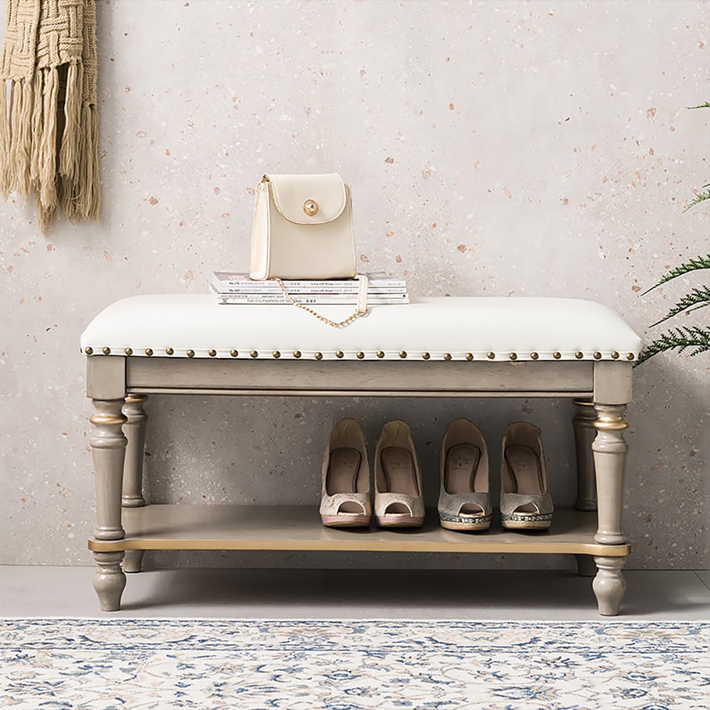 900mm Cushioned Bench White Upholstered Bench with Storage window image