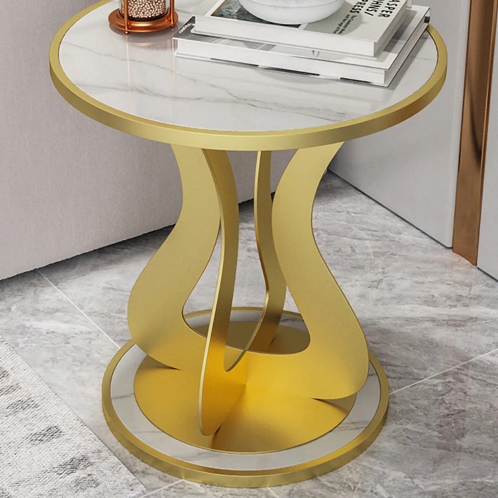 Modern White Round End Table with Marble Top Metal Base window image