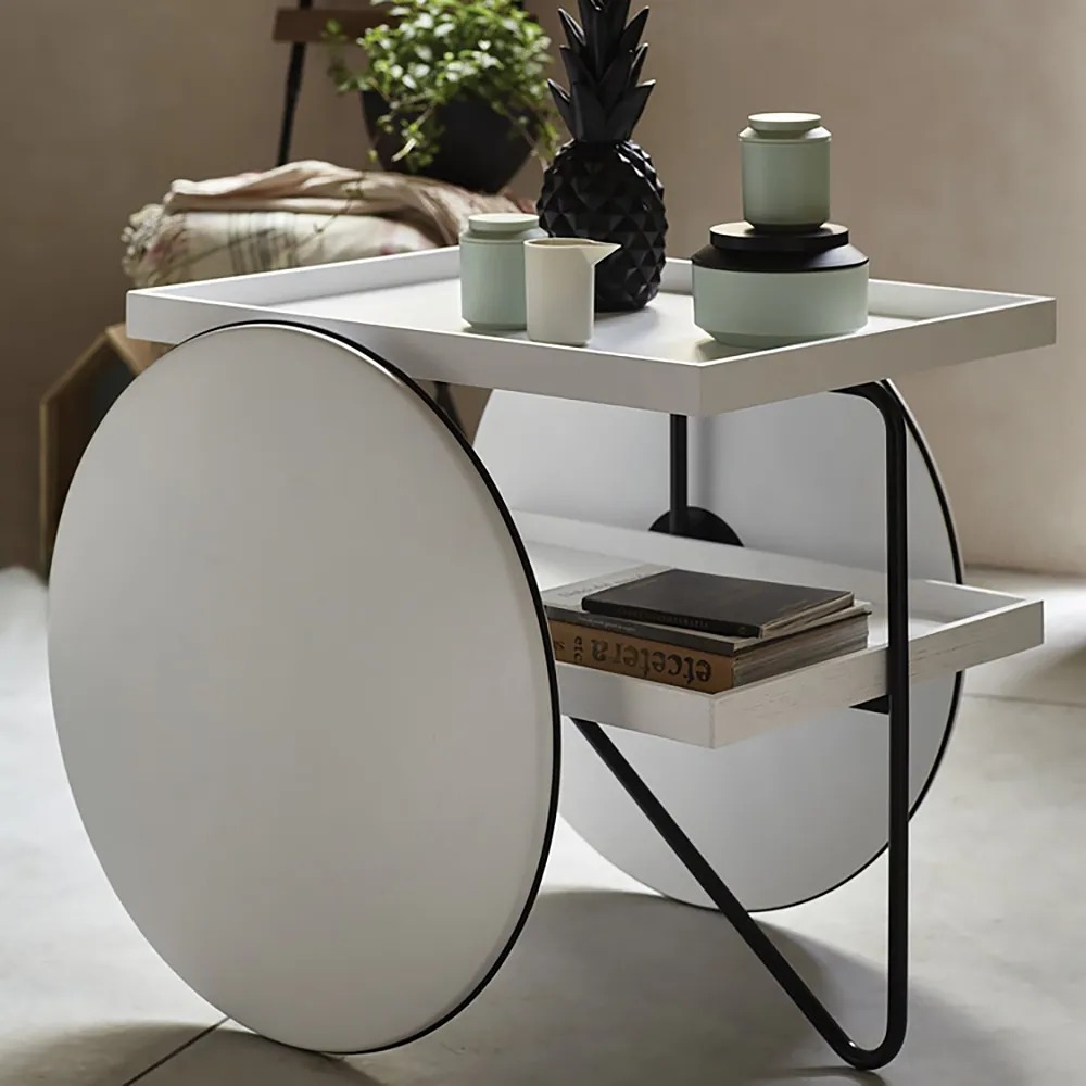 White Rectangle Side Table Pine Wood with Storage End Table Metal in Black window image