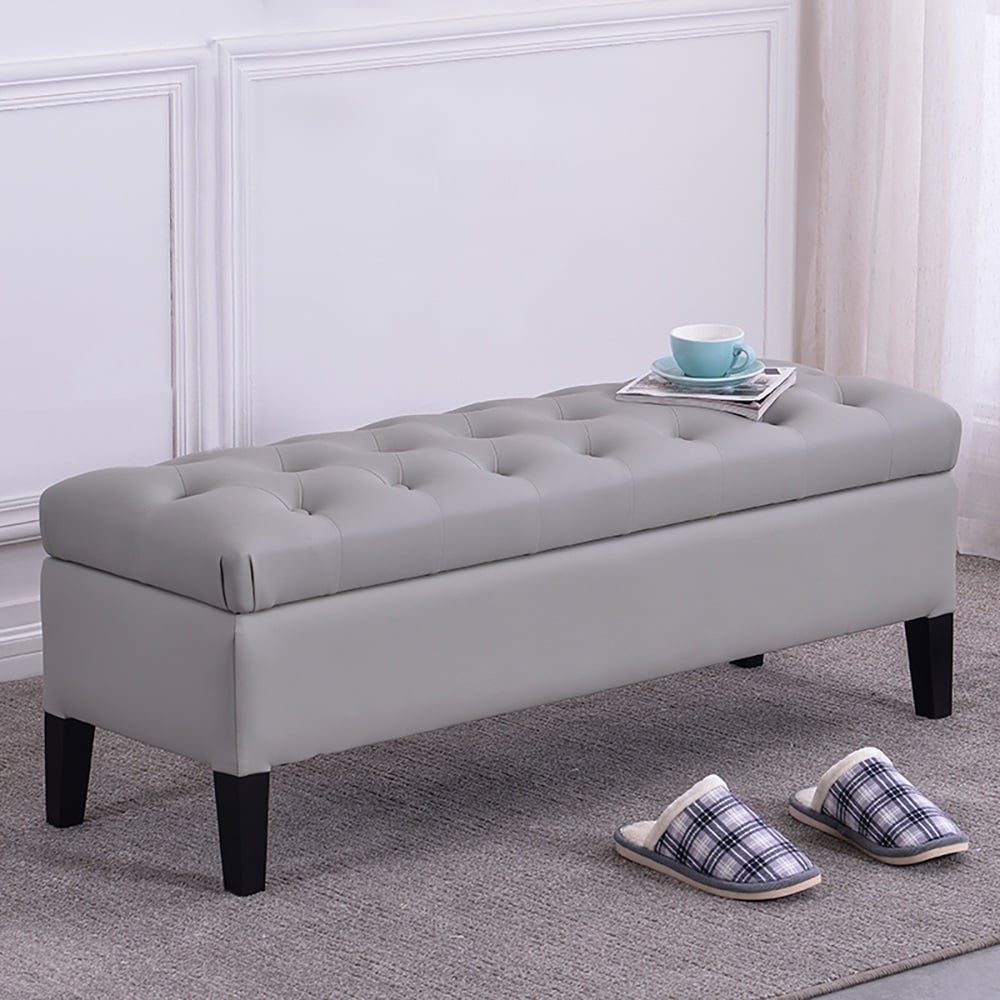 Modern Grey Flip Top Bench Tufted Upholstered PU Leather Entryway Storage Stool window image