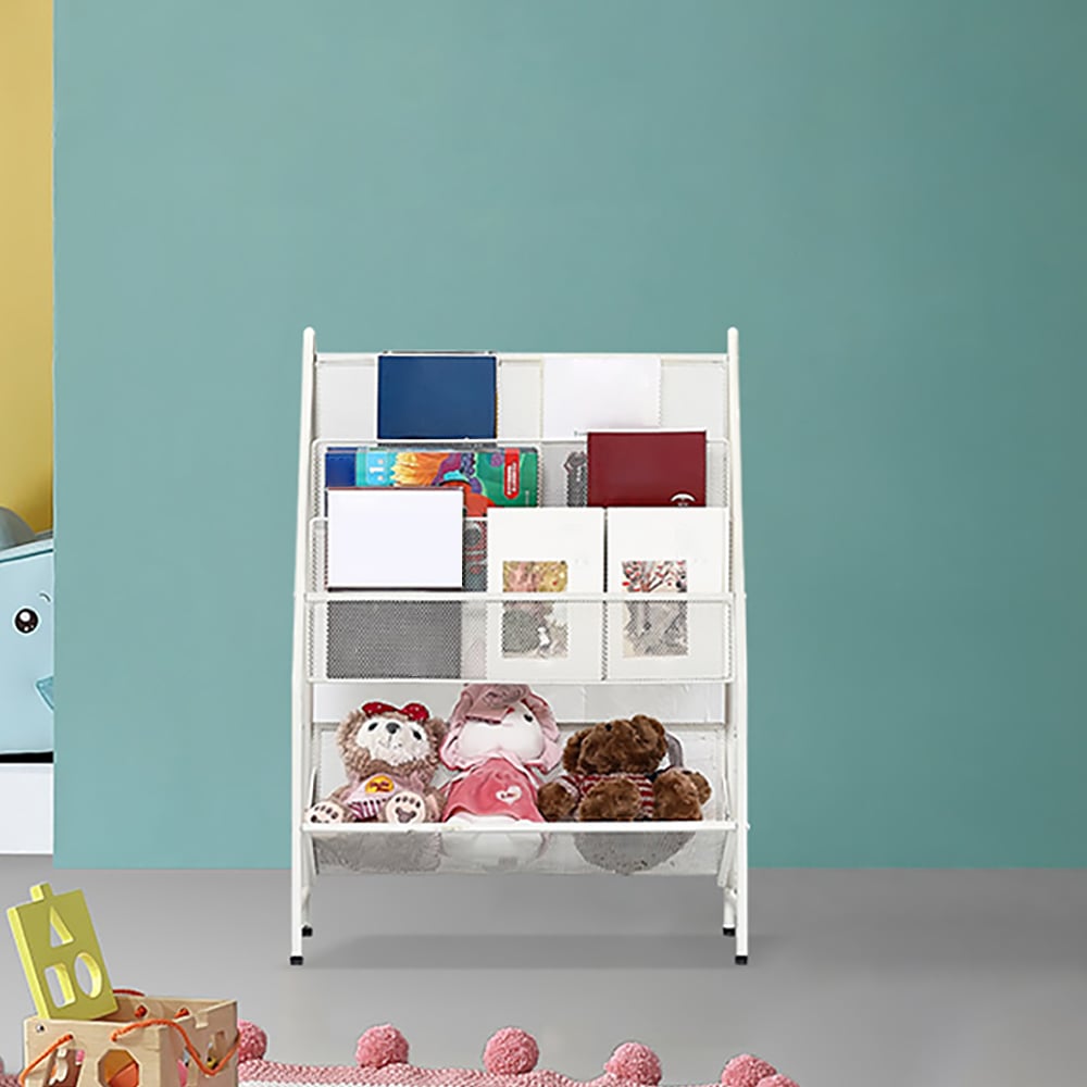 700mm White 4-Tier Metal Rectangle Bookcase window image