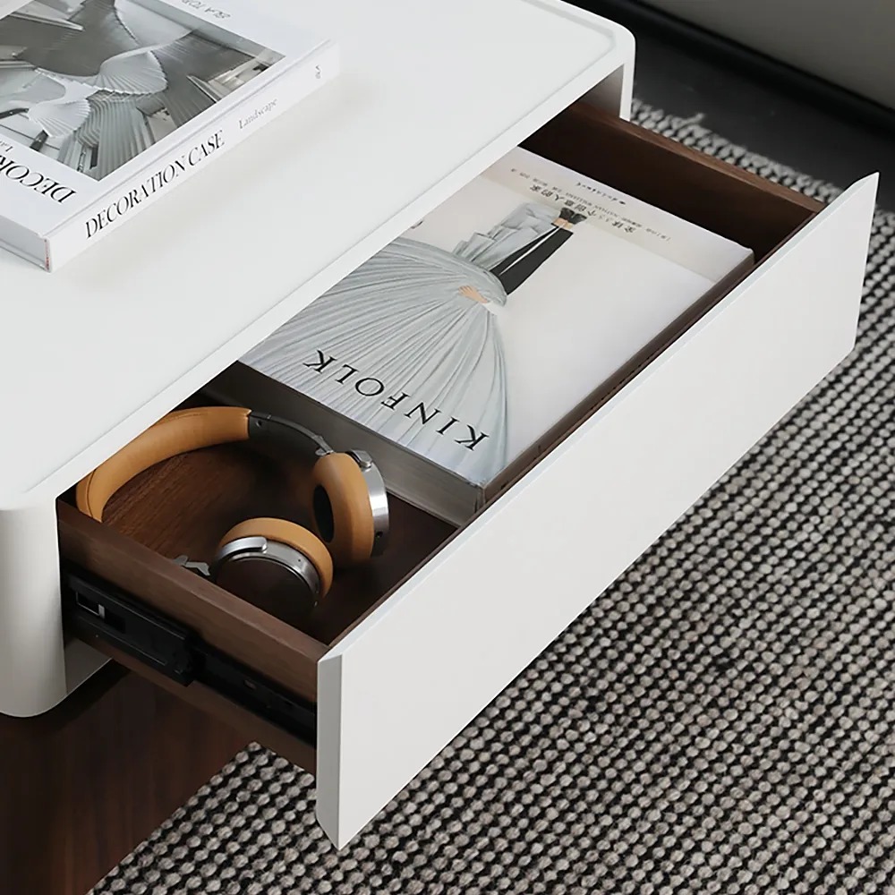 White&Walnut Square Rotating Coffee Table Modern Accent Table with 2-Drawer window image