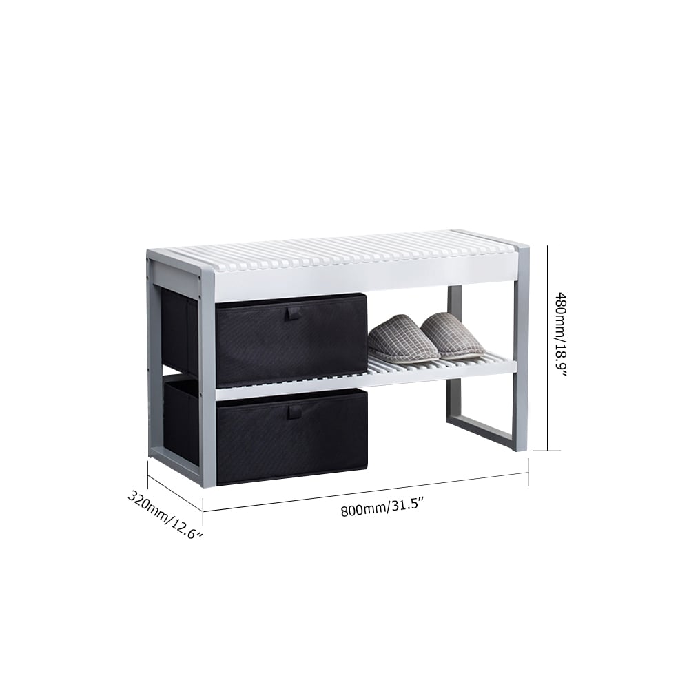 White Modern Bamboo Storage Bench with 2 Bins 31.5'' window image