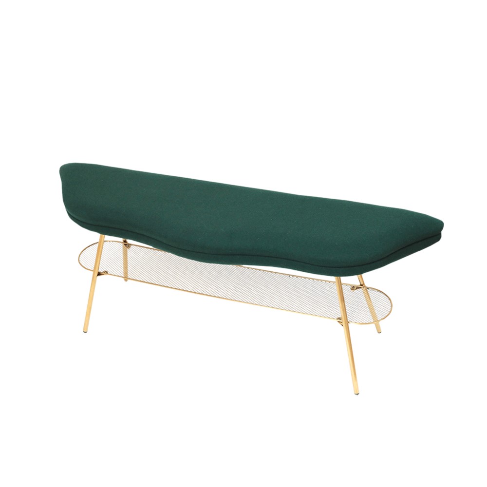 47" Green Boucle Upholstered Bench with Storage Shelf & Clearance Stainless Steel Gold window image