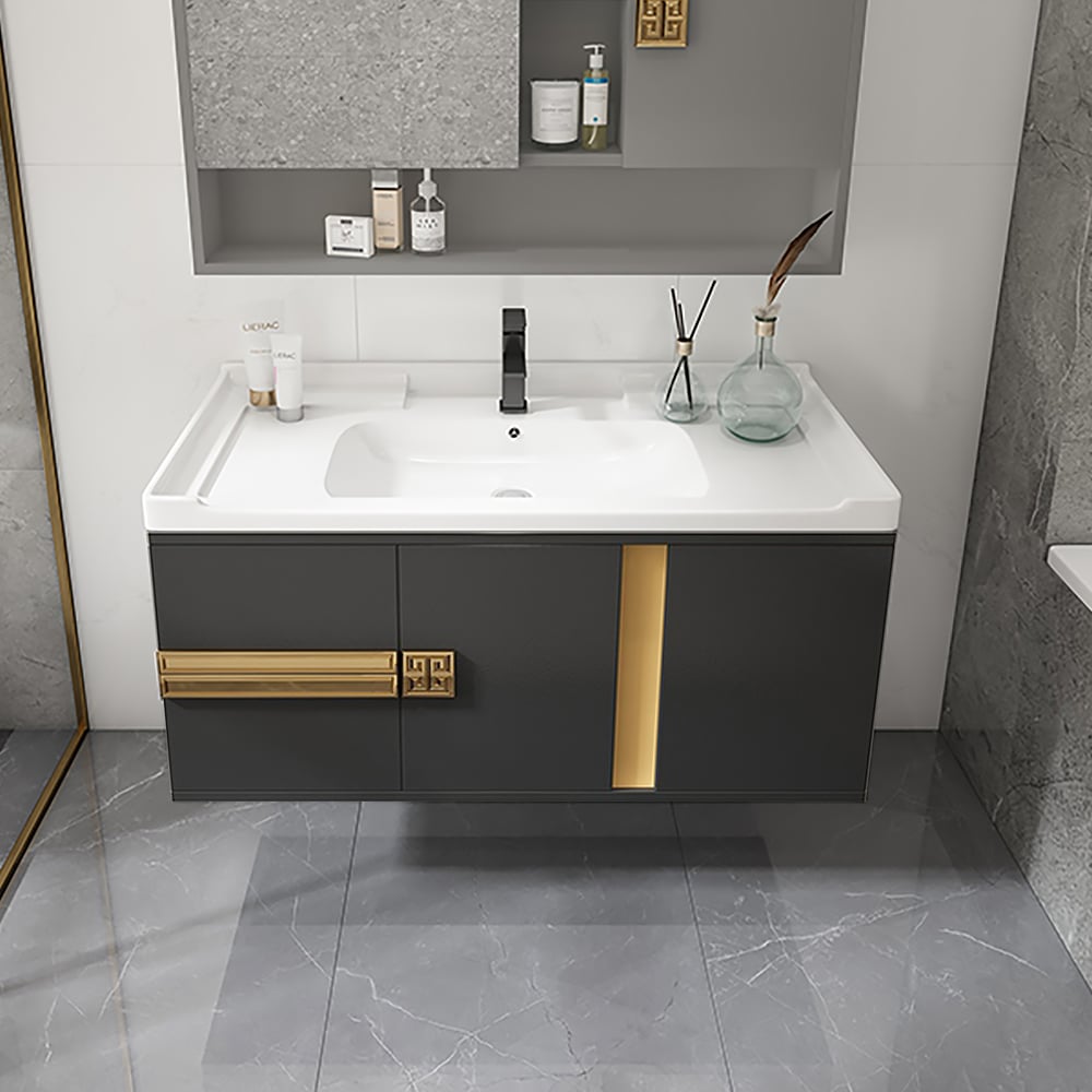 Meuble de salle de bain suspendu noir 1020 mm avec vasque encastrable en céramique avec poignées dorées image de fenêtre