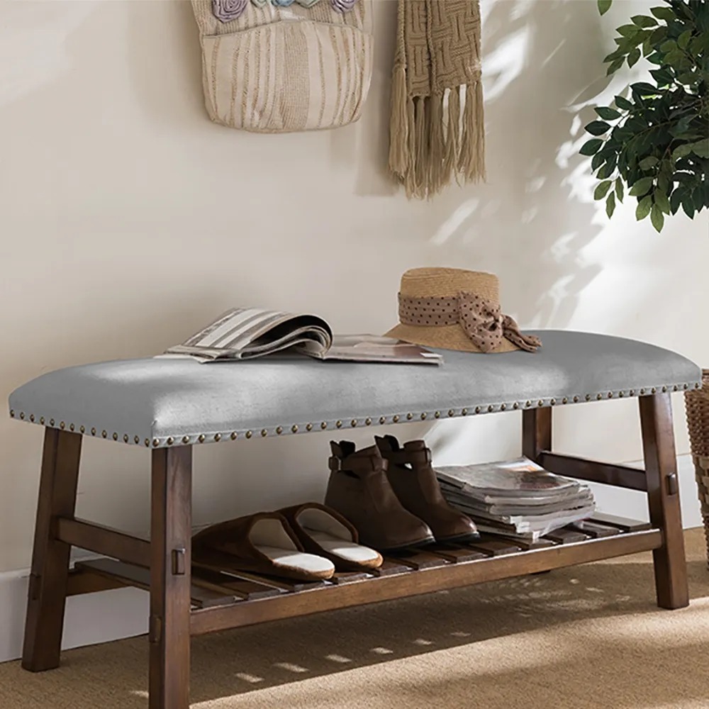 39.4" Modern Upholstered Ottoman Pouf Bench with Shoe Storage window image