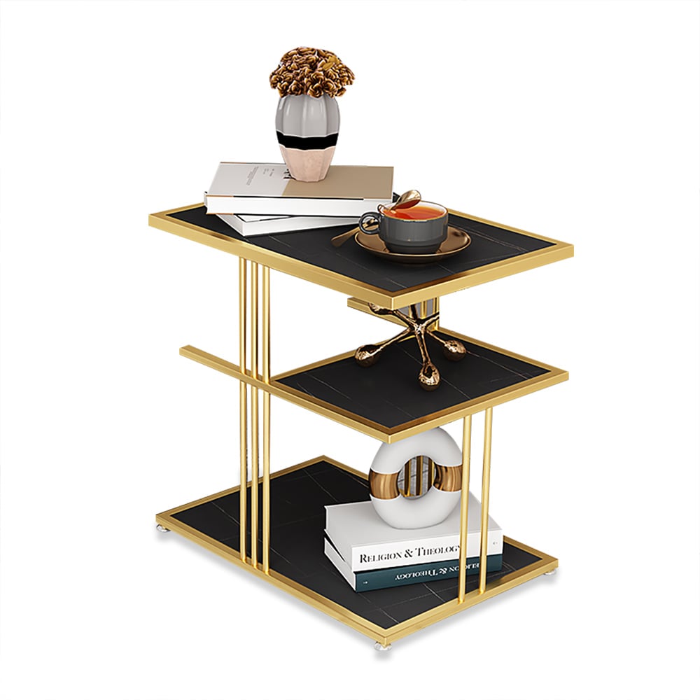 Black Rectangle End Table with Shelf Metal Frame 3-Tiers window image