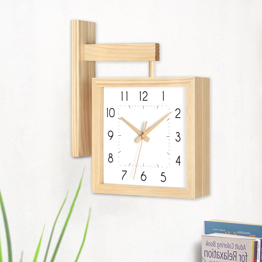 Nordic Square Wall Clock Double-Sided Minimalist Solid Wood Clocks window image