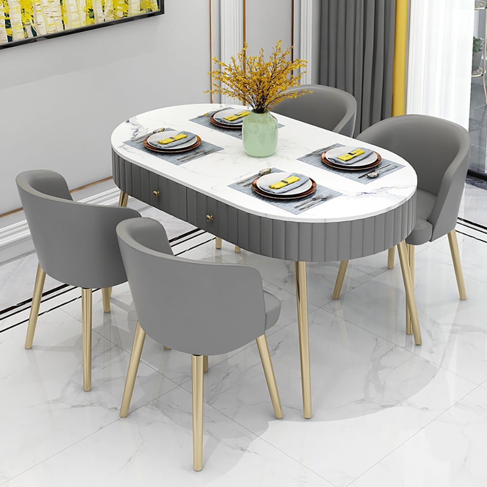 Grey Oval Dining Table with Drawer Marble Top & Metal Legs window image