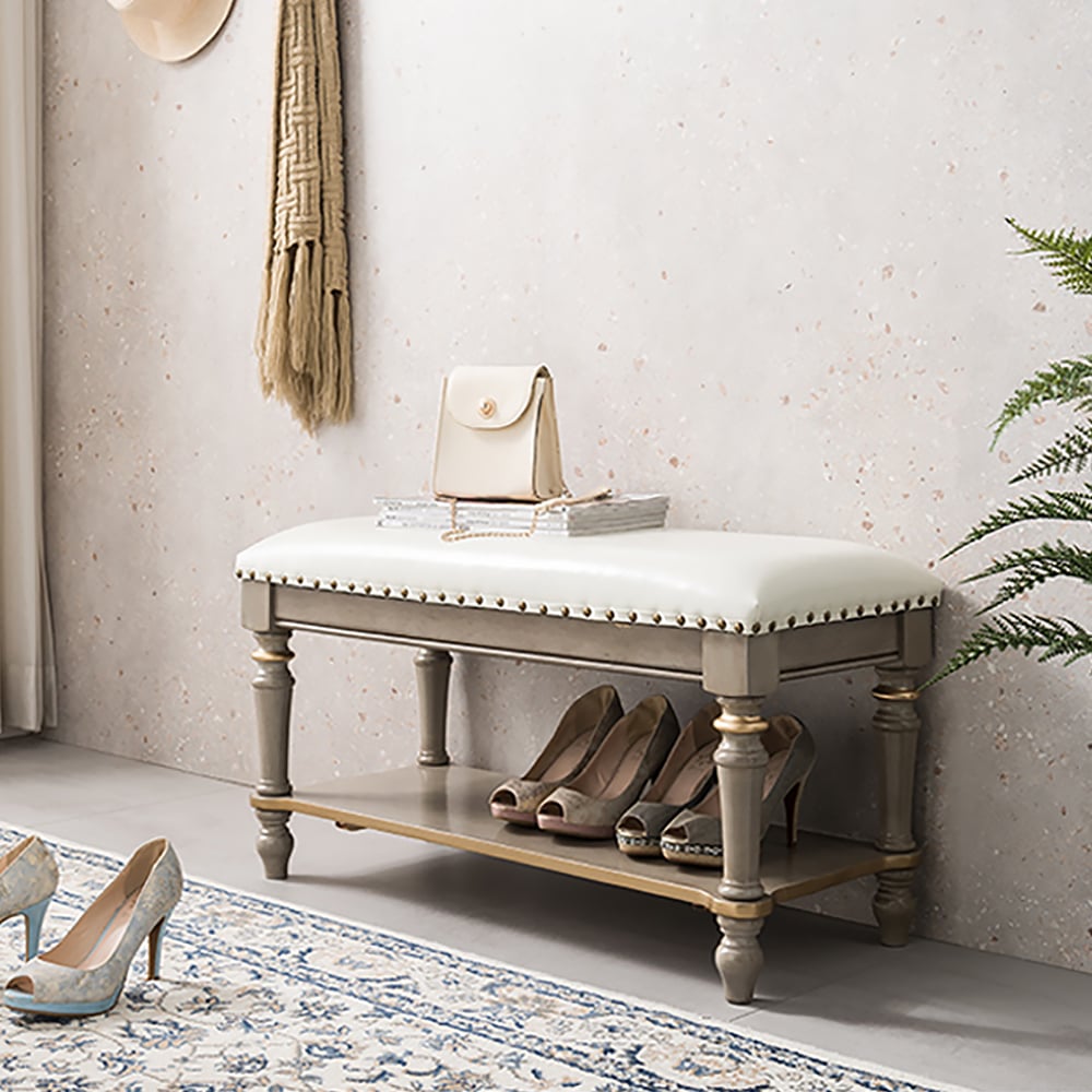 900mm Cushioned Bench White Upholstered Bench with Storage window image