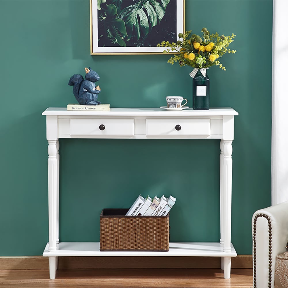 White Rubber Wood Narrow Console Table with Shelf & Drawers window image