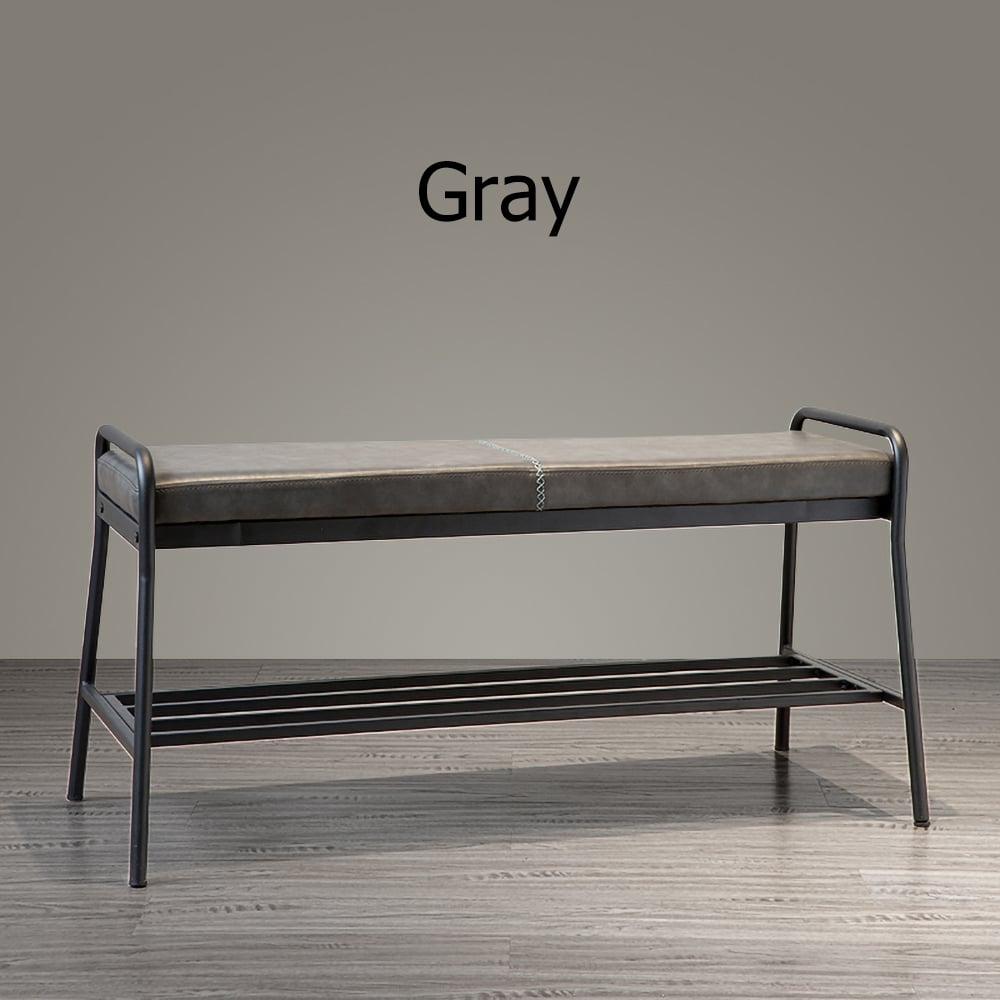 Modern Grey Upholstered Bench with Shoe Storage Shelf for Hallway in Metal Black window image