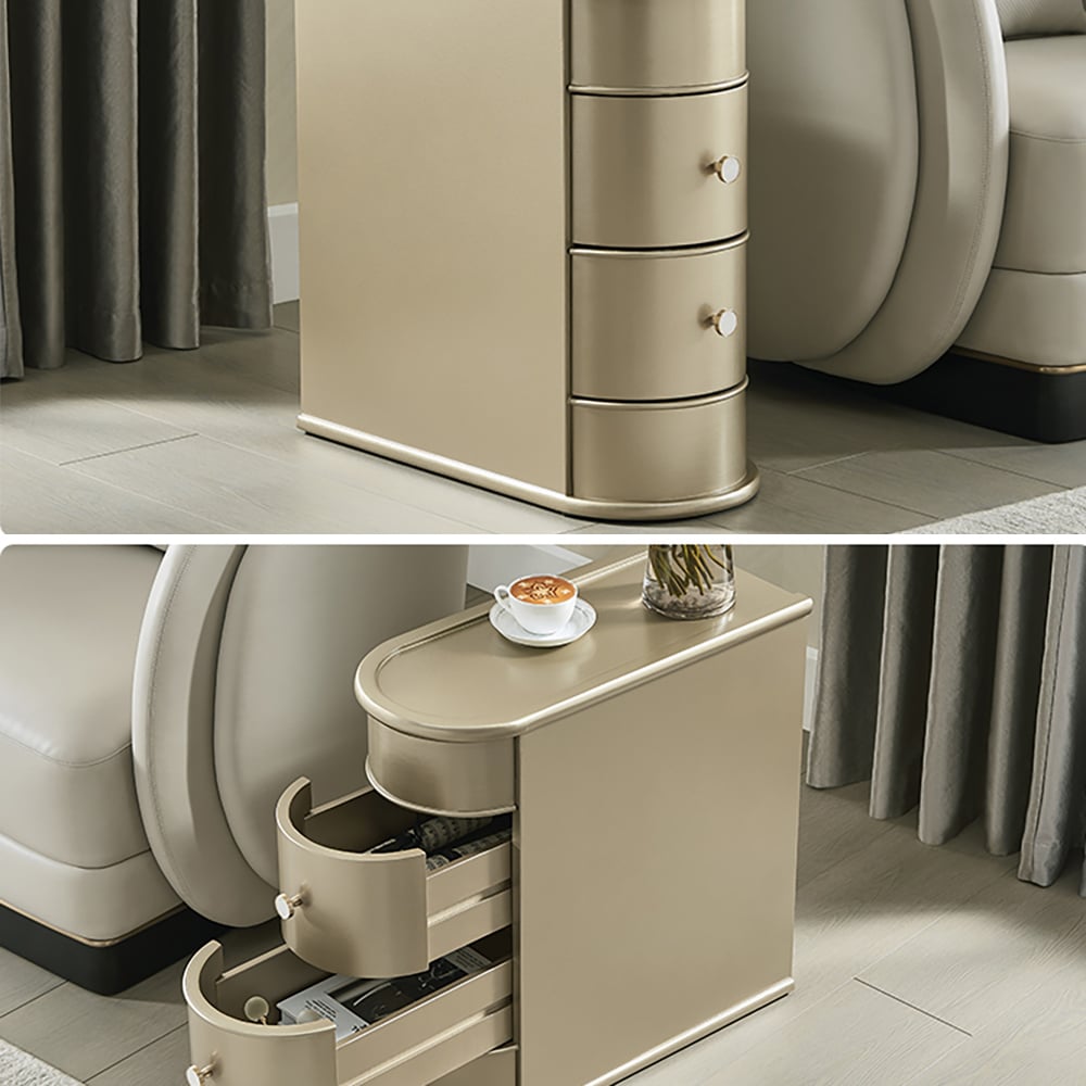 Schmaler Beistelltisch aus Holz mit 2 Schubladen in Gold Schaufensterbilder