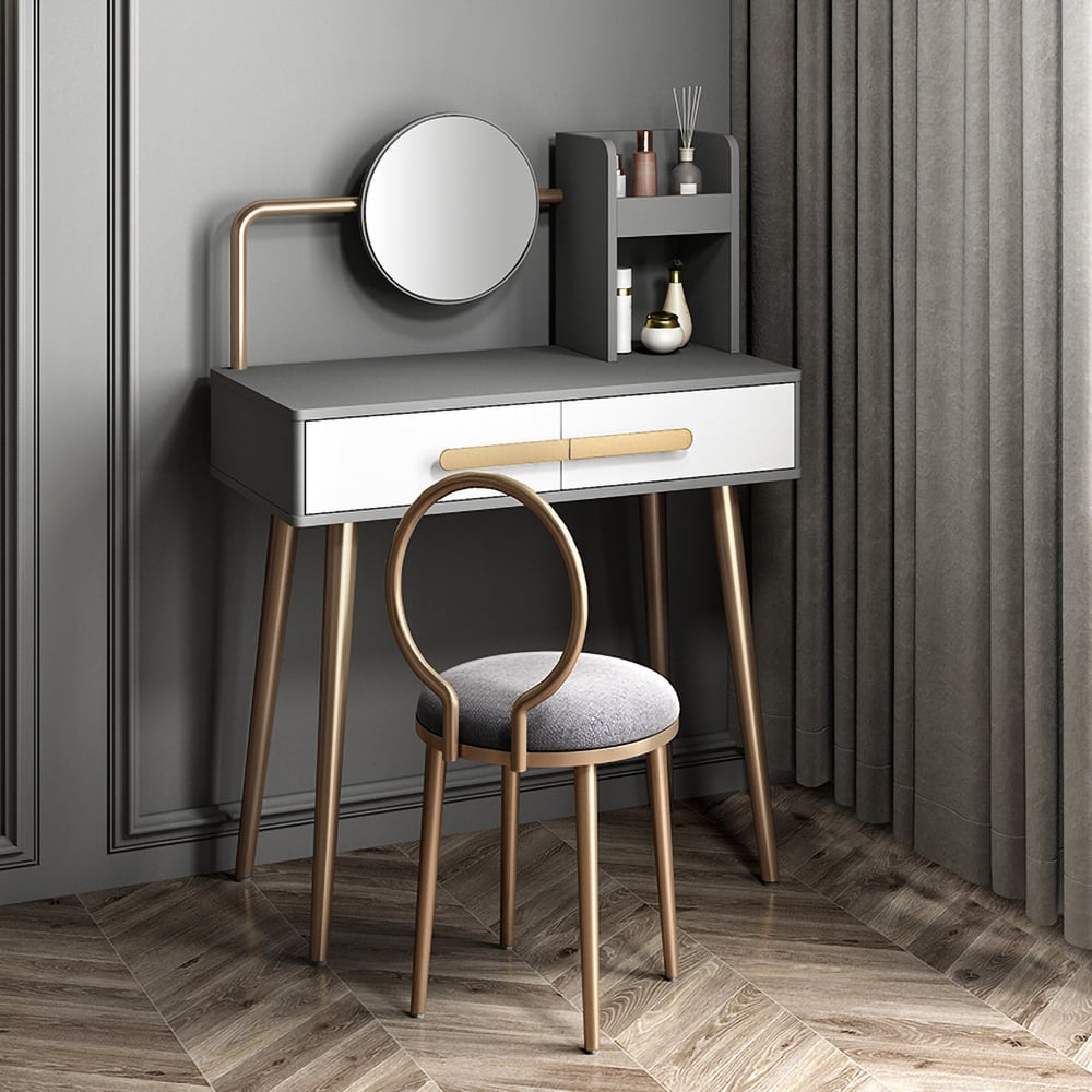 Table de maquillage gris nordique avec miroir à 2 tiroirs et tabouret inclus en or image de fenêtre