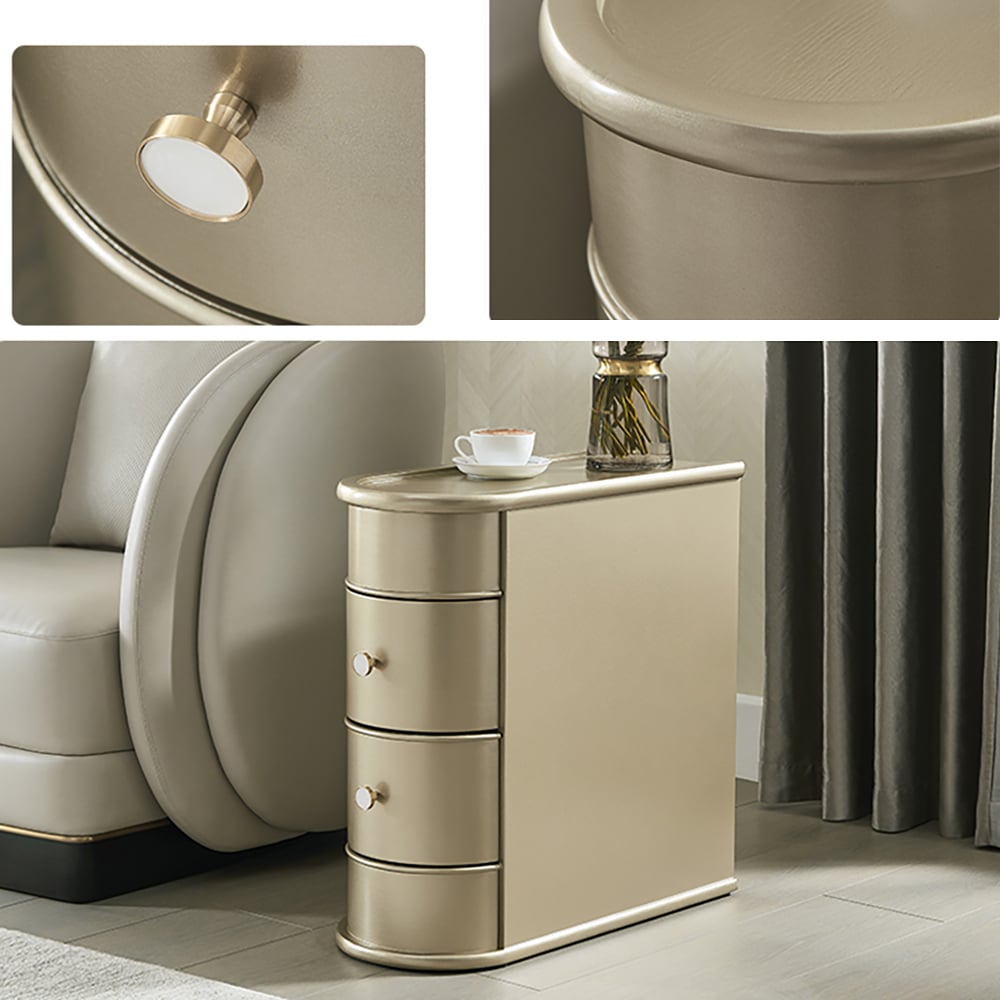 Schmaler Beistelltisch aus Holz mit 2 Schubladen in Gold Schaufensterbilder