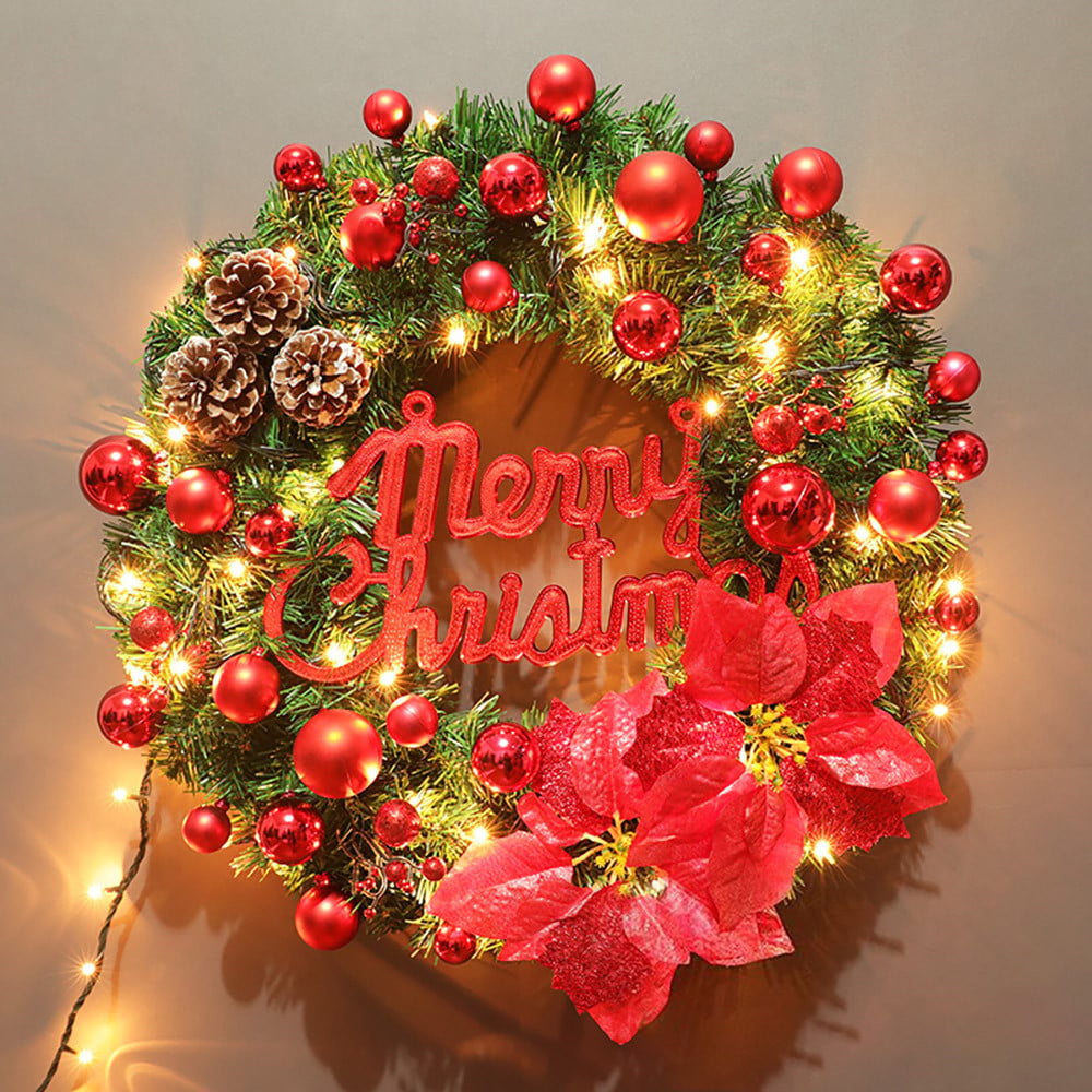 19.7" Red LED Christmas Wreath With Ball Ornaments and Pinecones B window image