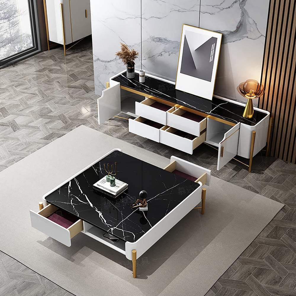 Meuble TV blanc et noir pour téléviseurs jusqu'à 75 pouces en or avec rangement supérieur en faux marbre, 2 portes et 4 tiroirs image de fenêtre