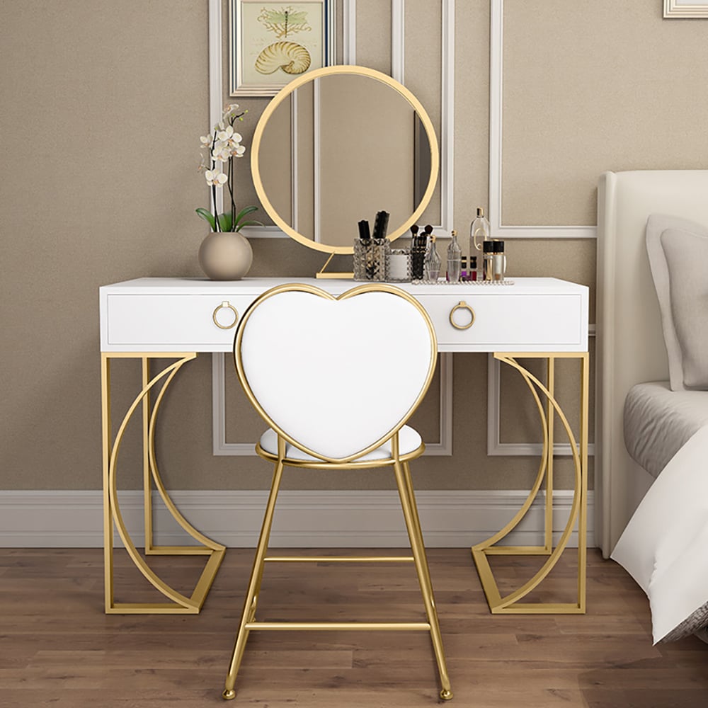 Moderne witte make-upkaptafel met 2 lades met spiegel en kunstleren kruk Vensterafbeelding