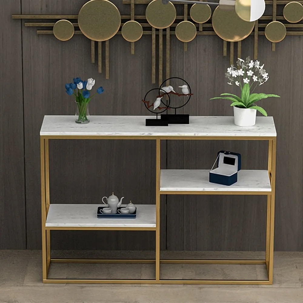 White Narrow Console Table with Shelves Marble Top & Metal Frame window image