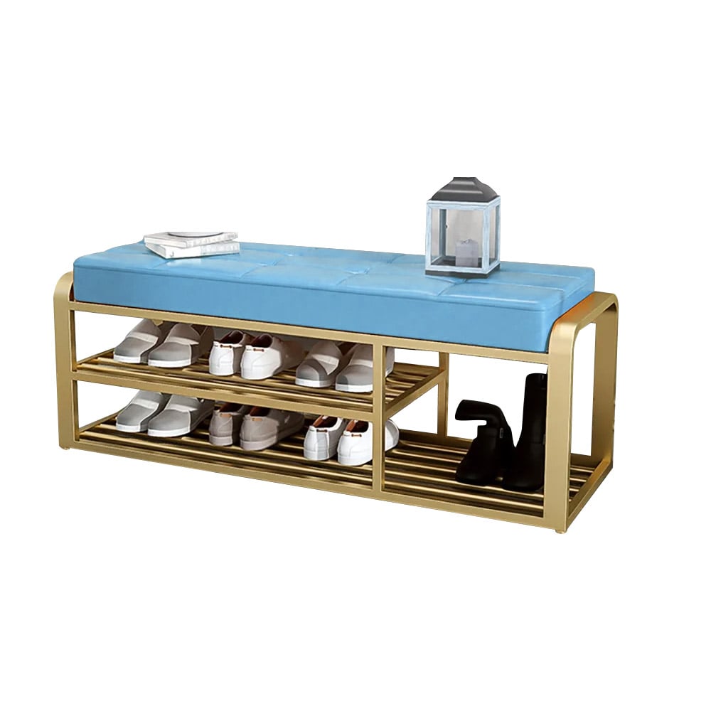 Tufted Bench Leather Upholstered Modern Bench 2-Tier Shoes Storage Bench window image