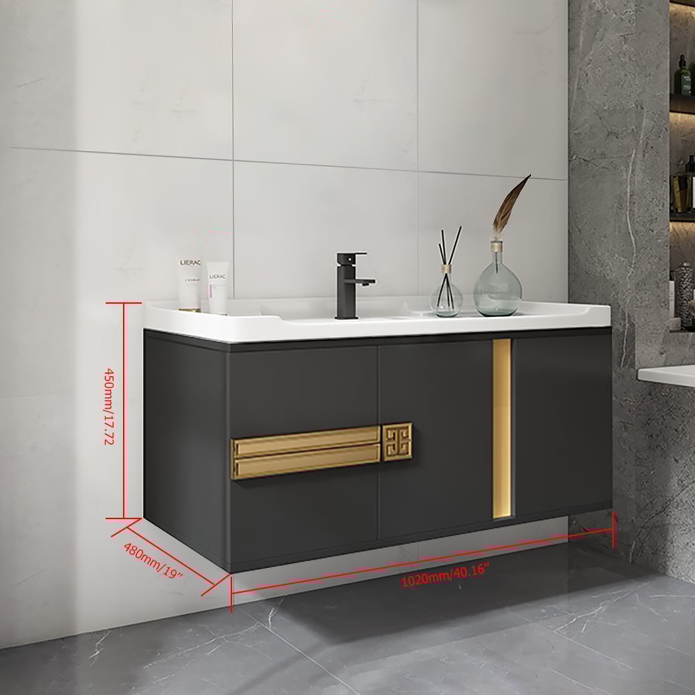 Meuble de salle de bain suspendu noir 1020 mm avec vasque encastrable en céramique avec poignées dorées image de fenêtre