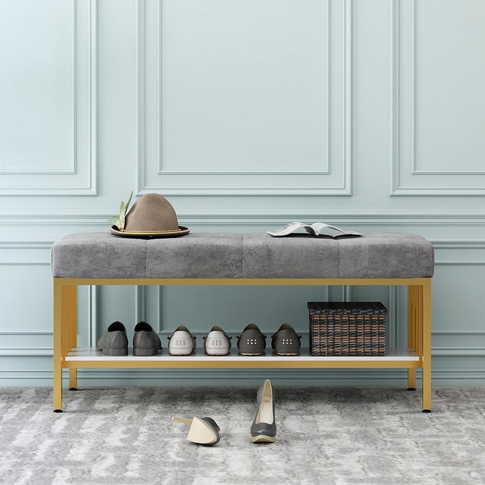 Gray Storage Entryway Bench Upholstered Velvet Modern Bench with Shelf in Gold window image