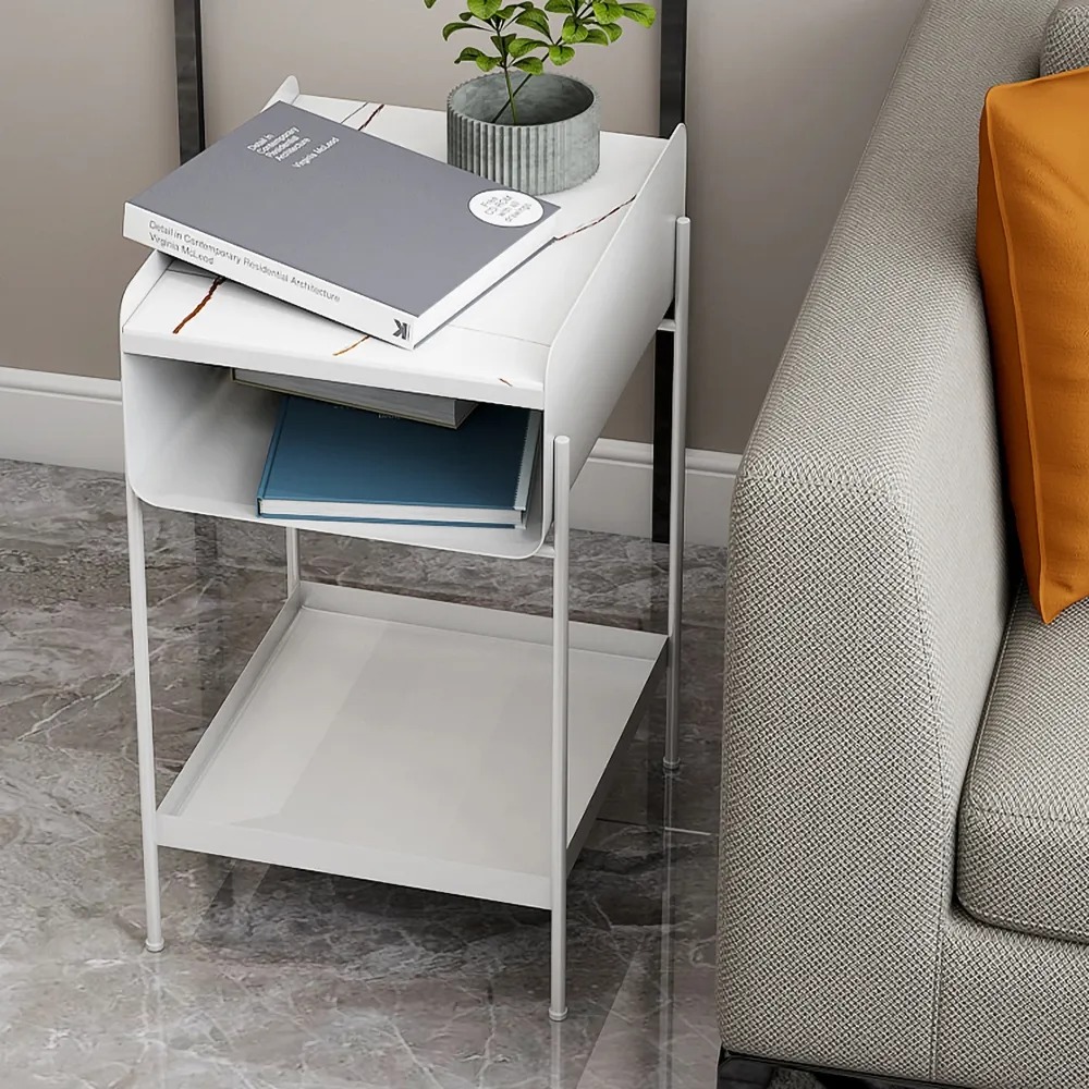 Rectangular End Table with Storage Metal Side Table White with Sintered Stone Tabletop window image