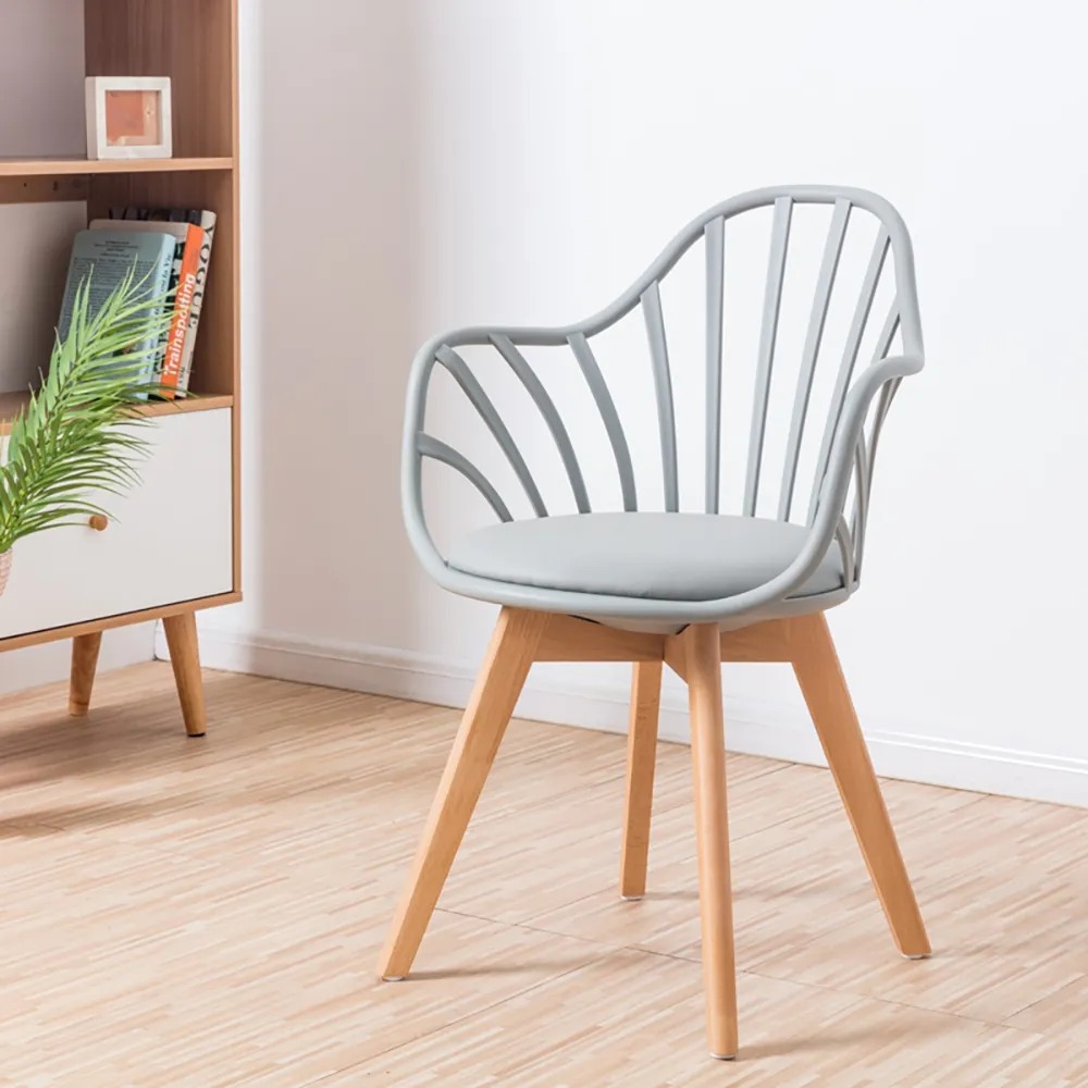 Nordic Grey Hollow-out Dining Chair with Wooden Leg Plastic Stool Set of 2 window image