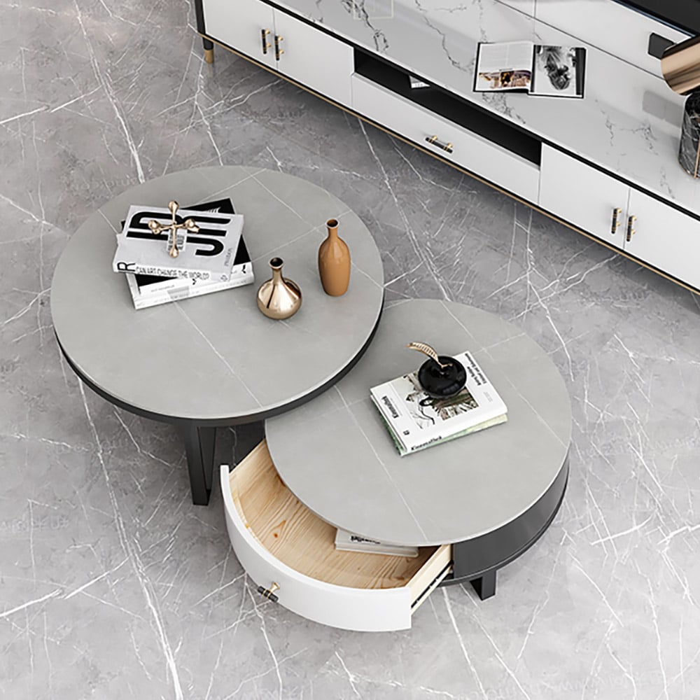 Style A 2-Piece Round Coffee Table Set with Drawer Sintered Stone Top & Metal Base window image