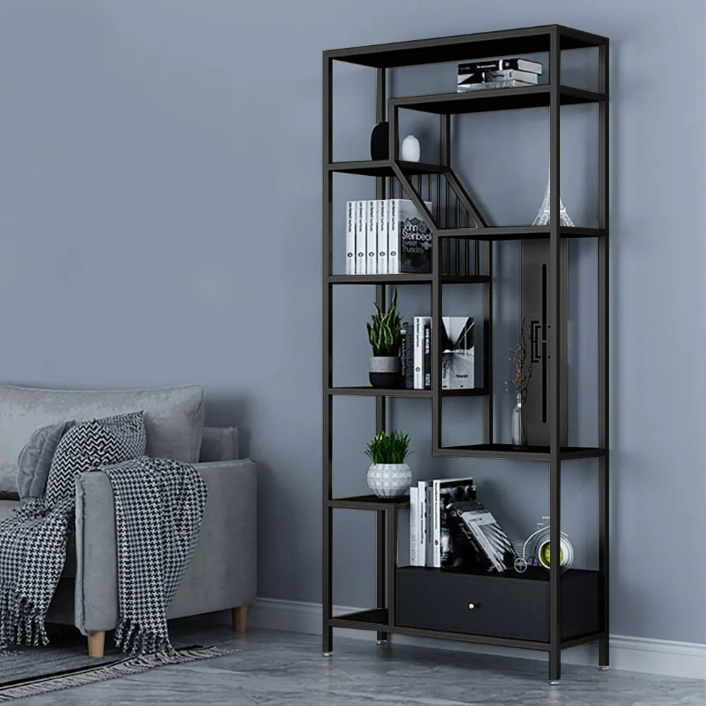 1800mm Modern Black Etagere Bookshelf with Drawer window image