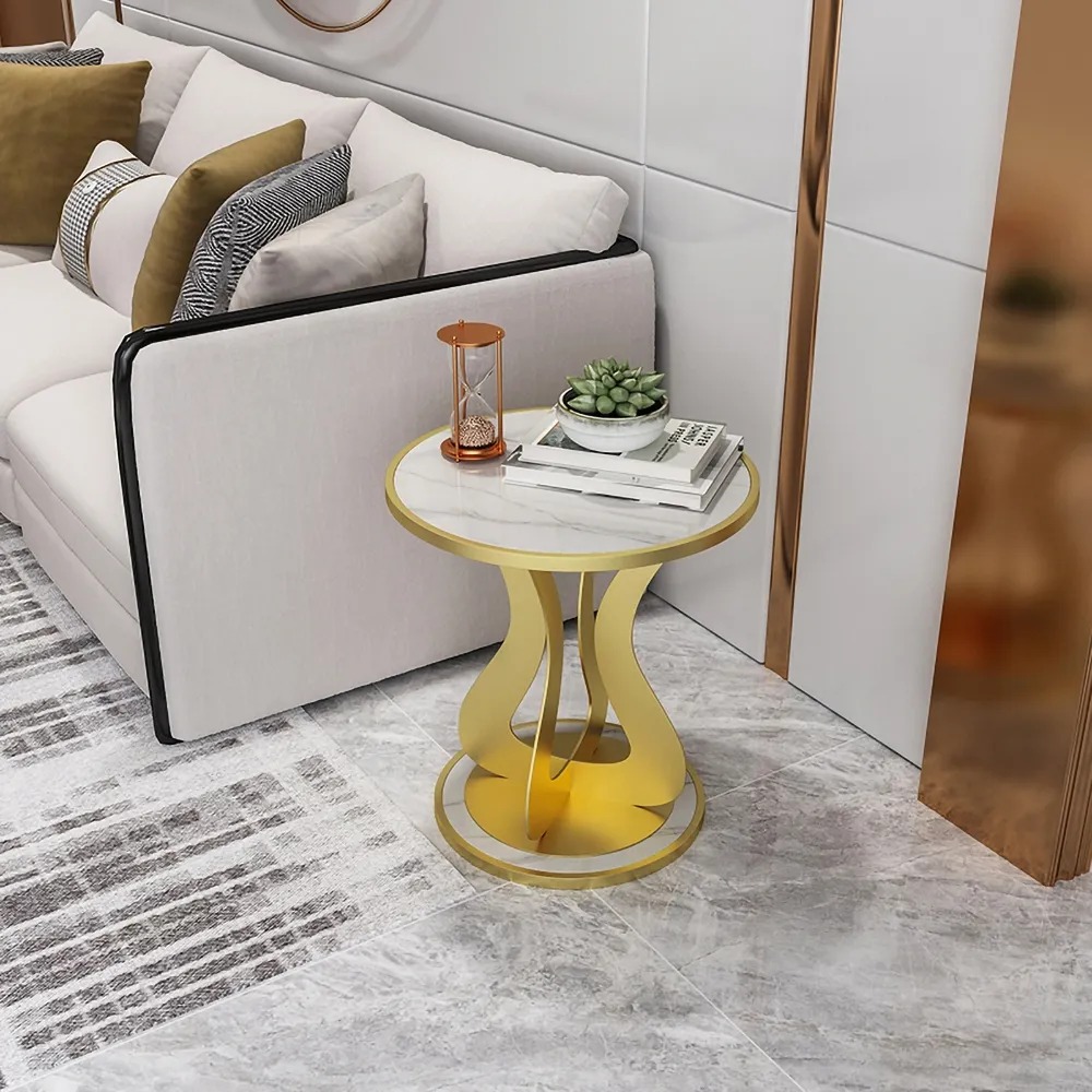 Modern White Round End Table with Marble Top Metal Base window image