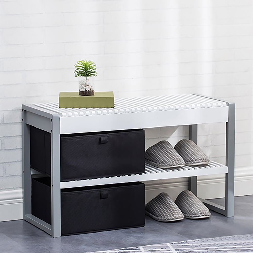 White Modern Bamboo Storage Bench with 2 Bins 31.5'' window image