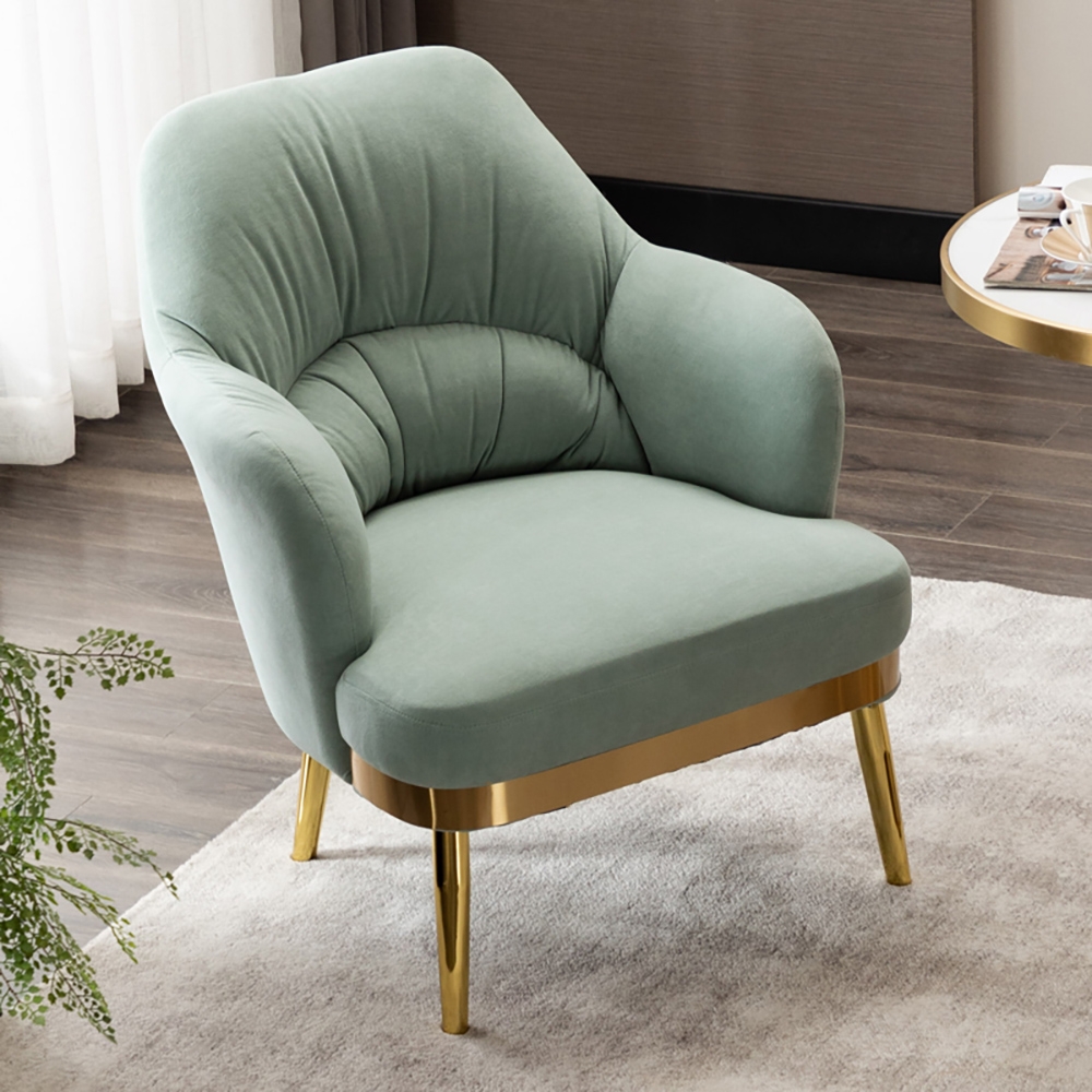 Blue Modern Accent Chair Tufted Velvet Upholstered Metal in Gold window image
