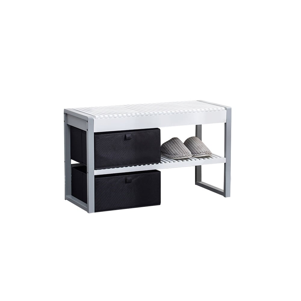 White Modern Bamboo Storage Bench with 2 Bins 31.5'' window image