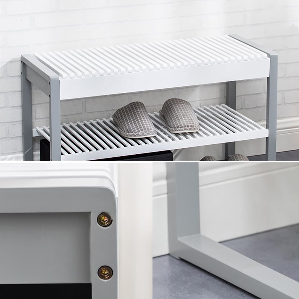 White Modern Bamboo Storage Bench with 2 Bins 31.5'' window image